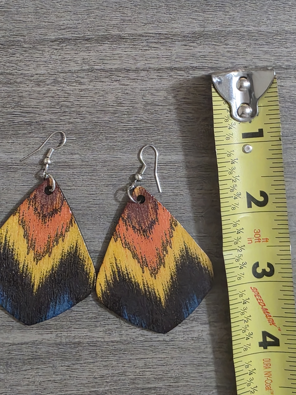 Bold Chevron Wooden Drop Earrings in Orange, Yellow & Blue - Picture 4 of 5